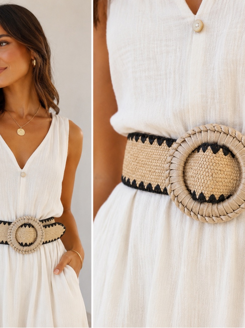 Rachel Zoe Woven Cream Belt with Black Trim and Round Buckle